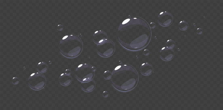 Flying soapy bubbles from soap or shampoo on transparent background. Glossy suds blow. Cosmetic clear spheres group. Cleaning detergent froth reflection. Vector shower 3D ball elements