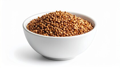 White ceramic bowl filled with brown buckwheat groats on plain white background, emphasizing texture and nutrition.