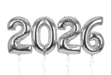 Silver foil balloons forming the year 2026