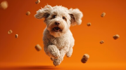 Efficient Training and Positive Feedback with a Happy White Dog Jumping for Treats on Orange Background