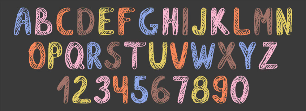 Crayon childish alphabet and numbers with pencil crayon texture. Hand drawn scribble letters and numbers in kids grunge style with crayon texture