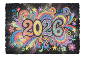 Colorful chalk drawing of year 2026 on asphalt