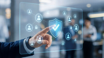 Digital security and data protection concept with verified shield icon and connected user network interface.