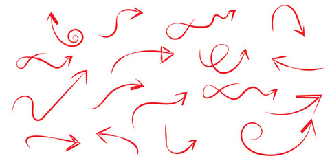 Hand drawn arrow set with red crayon texture - curved and straight, Marker pen pointer icons, Curvy directional symbols.