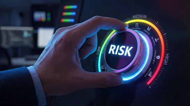 Business risk management and assessment concept with hand adjusting digital control dial interface.