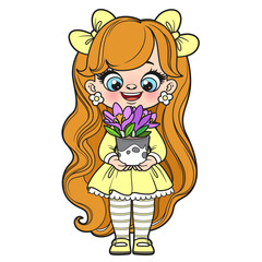 Cute cartoon girl with pot of blooming crocuses on a white background