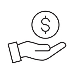Hand holding dollar coin linear icon vector illustration symbol isolated white background payment money finance cash investment salary income outline design
