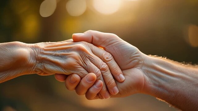 Close-up of two hands, one old and wrinkled, the other young and smooth, clasped together in a gesture of support and connection, with a soft bokeh background