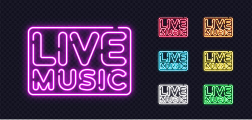 A colorful set of neon live music signs glows with bright light and creates an inviting mood. The vibrant palette adds a modern and energetic feel.