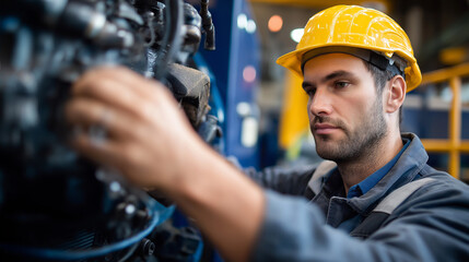 Faceless focused technician inspecting machinery in industrial setting, wearing safety gear, hands-on skills demonstration, maintenance expertise, with copy space