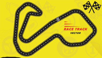 Creative vector illusion of race track isolated on yellow background. Speed race track design with creative icons.