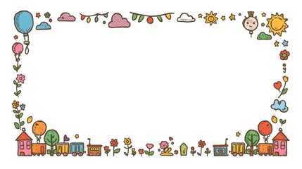 Obraz premium A delightful illustration featuring a decorative frame, with playful elements such as trains, flowers, balloons, and sunshine, perfect for kids or a fun design.