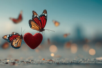 Mahogany butterflies and a red heart on a blurred background with golden bokeh