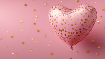 Heart-shaped balloon with golden confetti on pink background with space for text