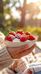 Bowl of Strawberries with Cream and Powdered Sugar in Hand.