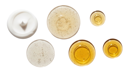 Skin care concept, cosmetic products round drops texture samples such as moisturizer, serum and oil