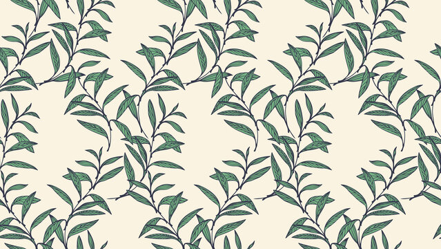 Seamless vector pattern with hand drawn green leafy branches on a light background. Elegant and organic design for textiles, wallpapers, eco packaging, and natural themed branding