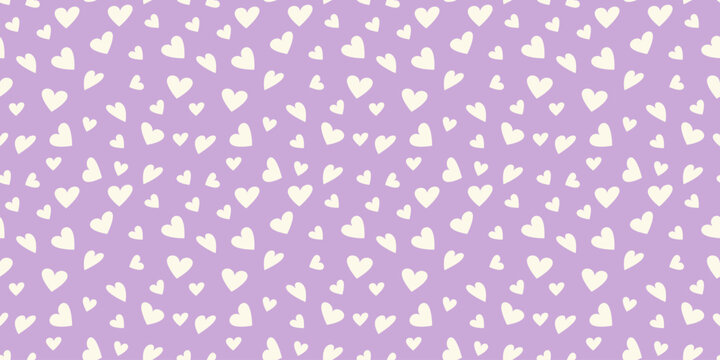 Seamless vector pattern with cute white hearts on soft lavender background, playful romantic repeat for fabric, wrapping, wallpaper, stationery, nursery decor and gift design
