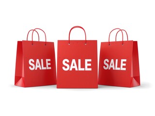Three vibrant red shopping bags are proudly displaying the word SALE. These bags offer a sense of excitement and opportunity, symbolizing deals and savings