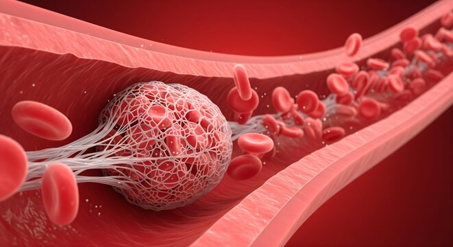 Blood Clot Embolus Thrombosis Inside Human Vein Artery Vessel Occlusion As Deep Vein Thrombosis Dvt Or Cardiovascular Disease Risk On Red Background