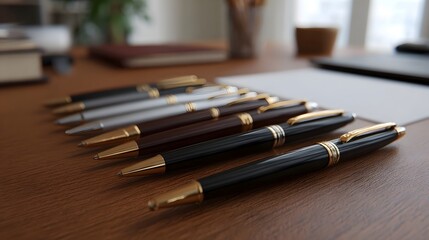 Elegant executive pens in black silver and brown with gold accents are arranged on a polished wooden desk evoking sophistication and professional