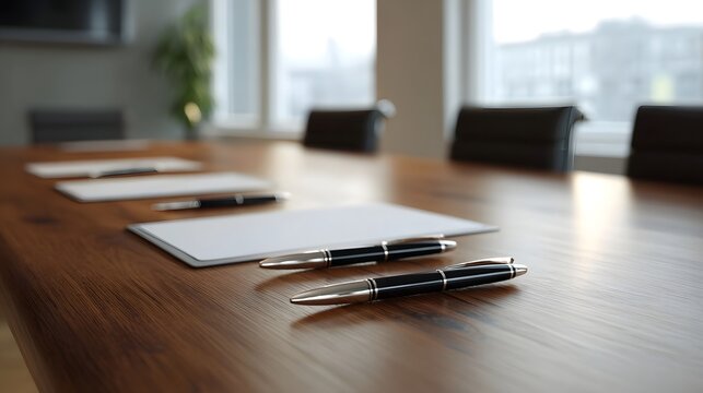 Boardroom table set with papers and pens ready for a business meeting