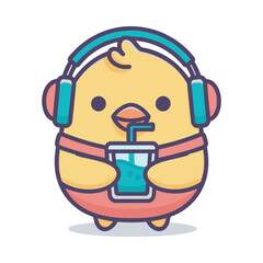 Cartoon Chick with Headphones Drinking Juice