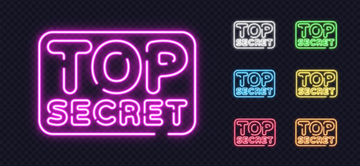 Neon set with the phrase TOP SECRET in various glowing shades, ideal for confidential or mystery themes.