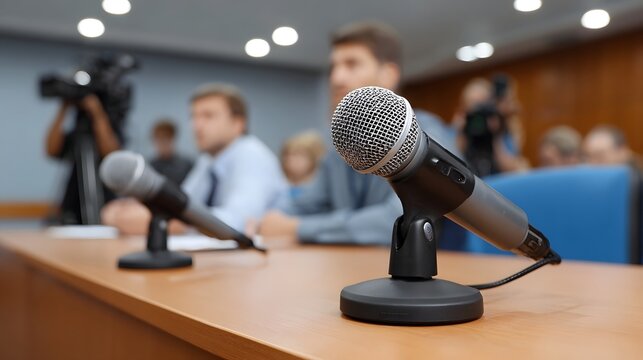Microphones set up on a table for a press conference with blurred people and in the background