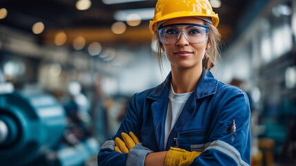 Faceless woman in safety gear including hard hat and glasses, standing confidently, industrial setting, workplace safety and professionalism emphasis, with copy space