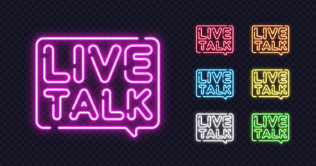 A colorful collection of neon LIVE TALK signs glows with intense light and brings a curious tone. Smooth lines and bright hues give the set a lively and modern feel.