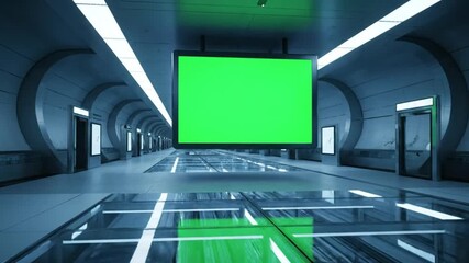 Modern futuristic subway station with a large green screen billboard for advertising and announcements