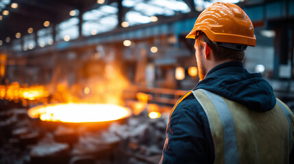 Faceless worker in safety gear observing molten metal in industrial setting, metal recycling or production process showcase, foundry operations, with copy space