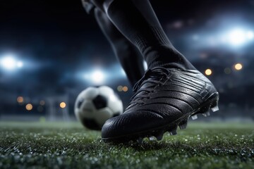 Soccer player foot in black cleat next to ball on grass field under stadium lights at night. Sport action scene for competition or training