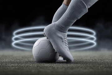 Soccer player foot in cloud white dancer boot touching soccer ball on green grass field. Glowing light trails surround ball on dark, smoky background