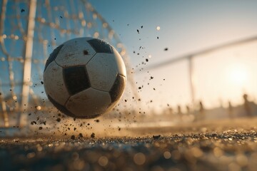 Soccer ball flies into goal net, kicking up dirt and dust during a game at sunset with golden light. Dynamic sports action shot