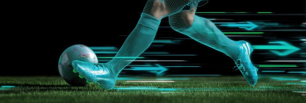Dynamic action soccer player's legs controlling ball on grassy field, enhanced with futuristic digital wireframe overlay and glowing data arrows, illustrating speed and performance