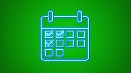 Bright neon blue glowing calendar icon with multiple checkmarks signifies scheduled tasks, planning, or accomplished appointments in a vibrant digital design.