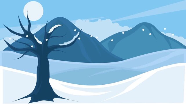 serene winter landscaped cartoon animation backgrounds video . Snowy Scene Mountains and Hills Leafless Tree Snowflakes Falling for Season concept animated footage motion graphic illustration design