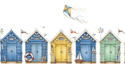 charming row of nine traditional wooden beach huts in marine blue, sunny yellow, and mint green, detailed watercolor with seagulls and sailing accessories on transparent. concept of cheerful coastal