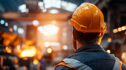 Faceless worker in safety gear observing molten metal in industrial setting, metal recycling or production process showcase, foundry operations, with copy space