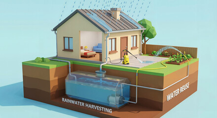 Low poly 3D house model with rainwater harvesting and water reuse system for garden irrigation and pressure washing concept.