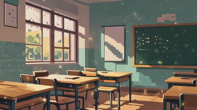 Emotional pixel art background of a classroom after school with floating dust particles and cinematic lighting in retro game style