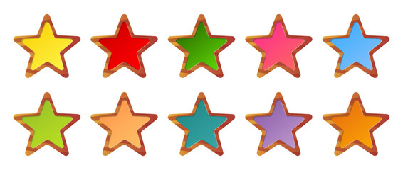 Obraz premium Wooden stars with multicolored centers. Graphical game interface isolated elements. Wood texture. Starry frame. Timber shape. Space symbol. Gaming asset symbol. Vector hardwood UI icons set