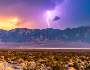 Lightning strikes over rugged mountains in a colorful desert sky