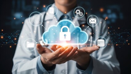 Doctor holding secure cloud data, representing healthcare technology and digital information management.