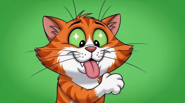 Animated Orange Tabby Cat Licking Paw on Green Background - Playful Cartoon.