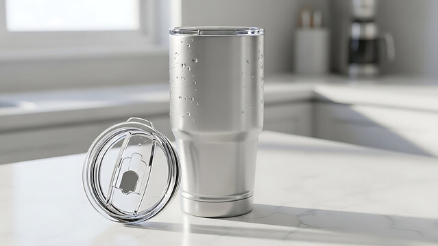 A stainless steel tumbler with condensation droplets on a white marble kitchen countertop with its clear lid leaning against it - Ai Generated