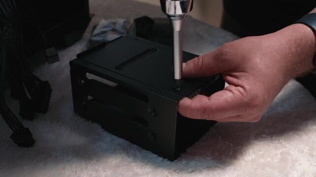 Screwing SSD into the drive cage inside the PC case
