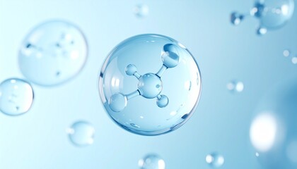 Digital rendering of water molecules with blue spheres and bent atomic geometry